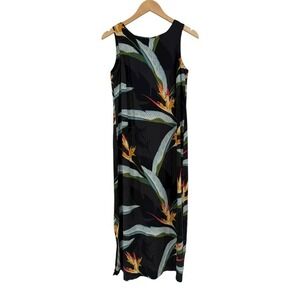 Guy Harvey BlueWater Black 100% Silk Floral Bird of Paradise Maxi‎ Dress Size S